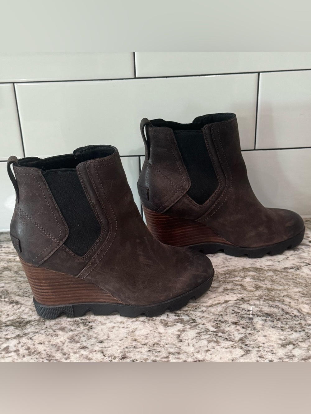 SOREL Joan Uptown Chelsea Waterproof Leather Wedge Boots Brown Outdoor Chic